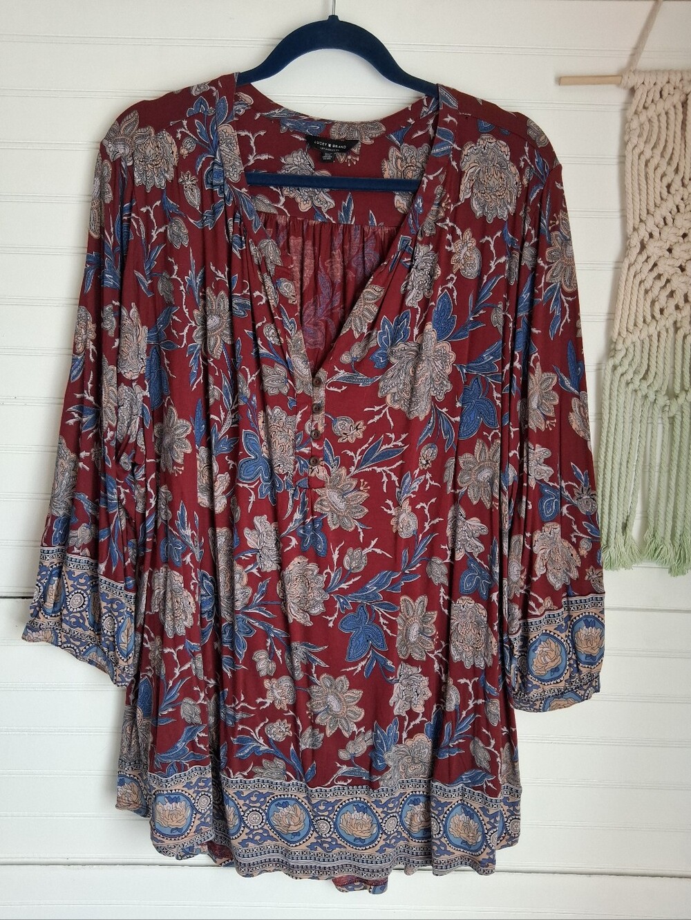 Lucky Brand Burgundy Floral Split Neck Henley Tunic with Blue/Tan Accents Sz 3X